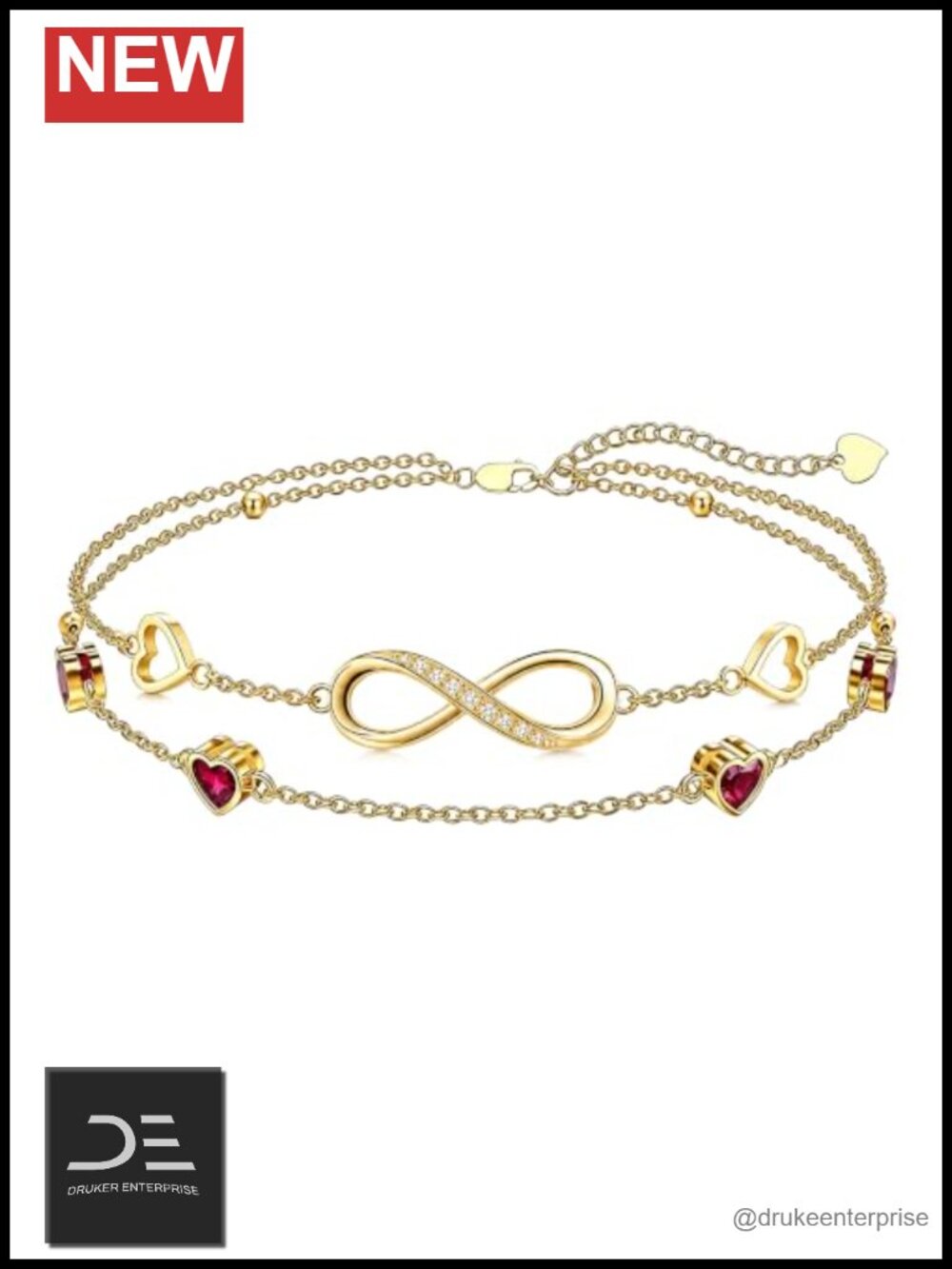 14K Gold Infinity Heart Layered Anklet with Birthstone Charm - 12 Months Gift